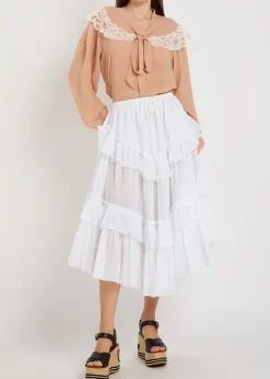 Lace-trim silk-georgette blouse