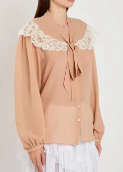 Lace-trim silk-georgette blouse
