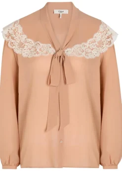 Lace-trim silk-georgette blouse