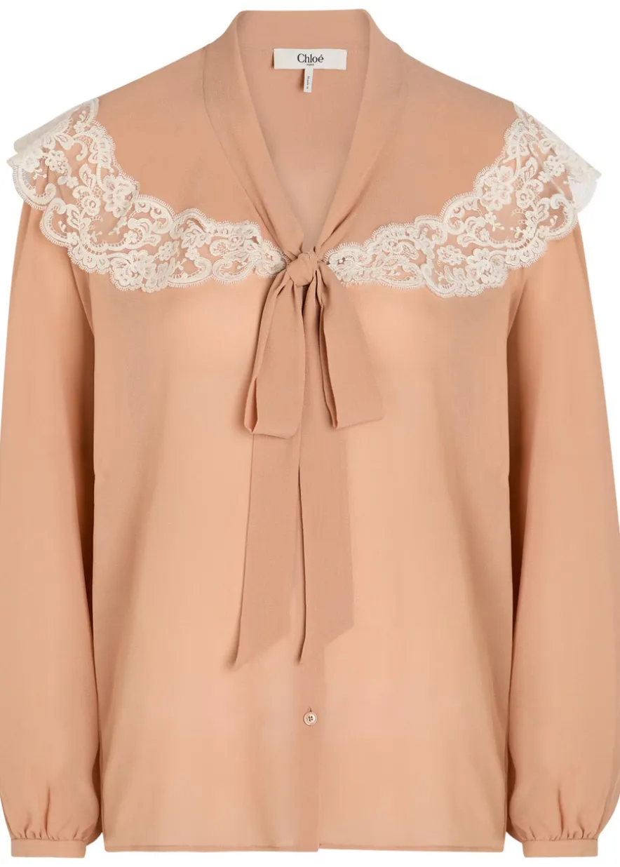 Lace-trim silk-georgette blouse