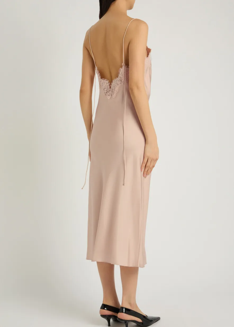 Lace-trim silk midi slip dress