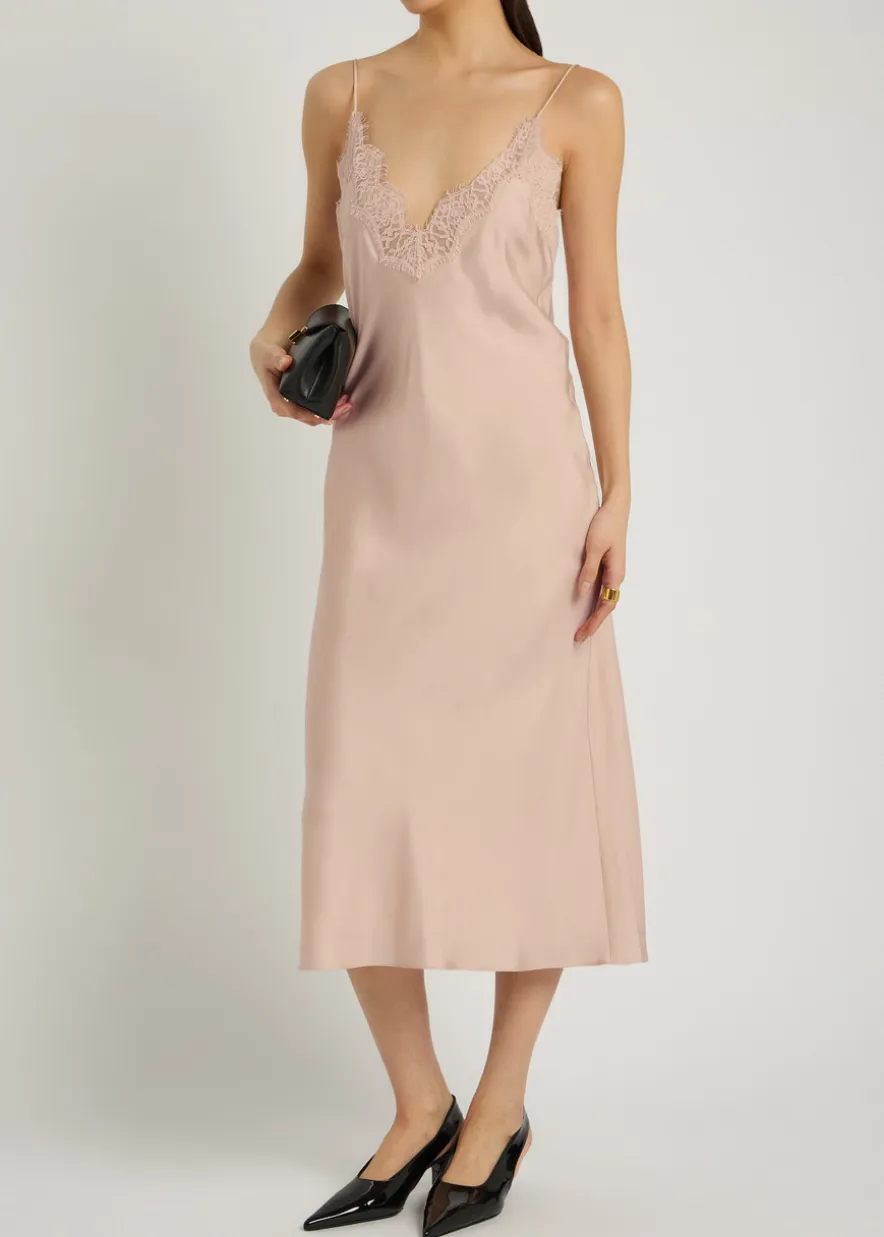 Lace-trim silk midi slip dress