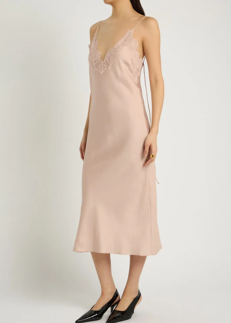 Lace-trim silk midi slip dress