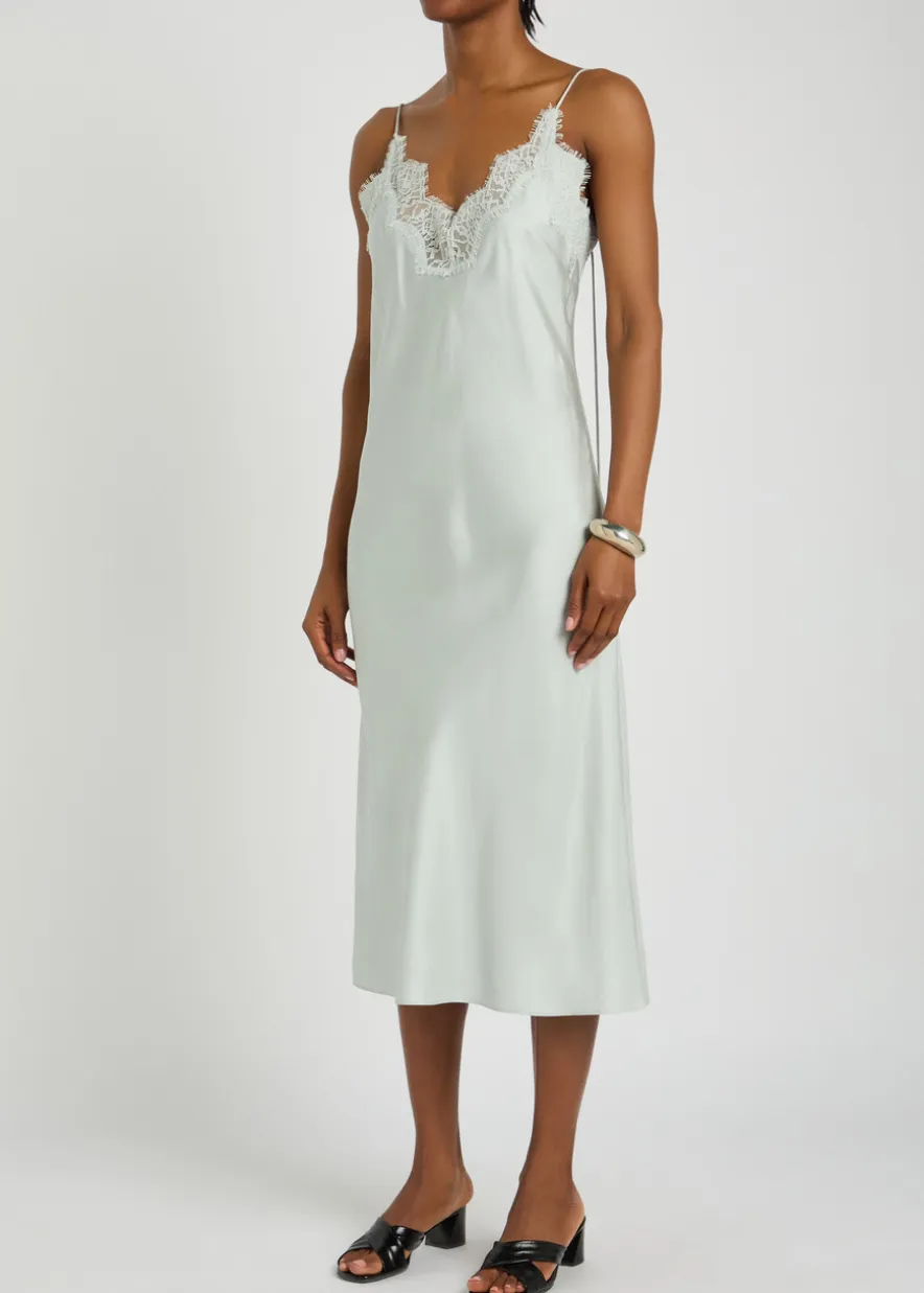 Lace-trim silk midi slip dress