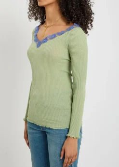 Lace trims ribbed-knit cotton and silk-blend top