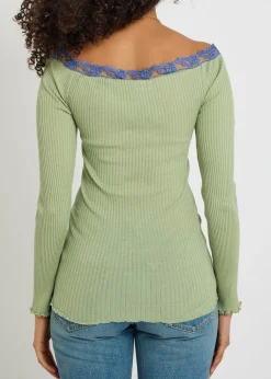 Lace trims ribbed-knit cotton and silk-blend top
