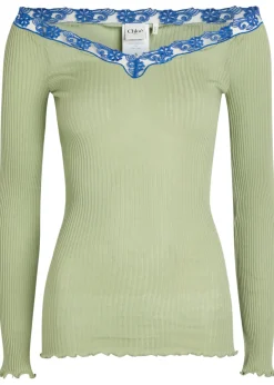 Lace trims ribbed-knit cotton and silk-blend top