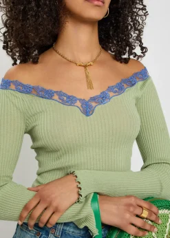Lace trims ribbed-knit cotton and silk-blend top