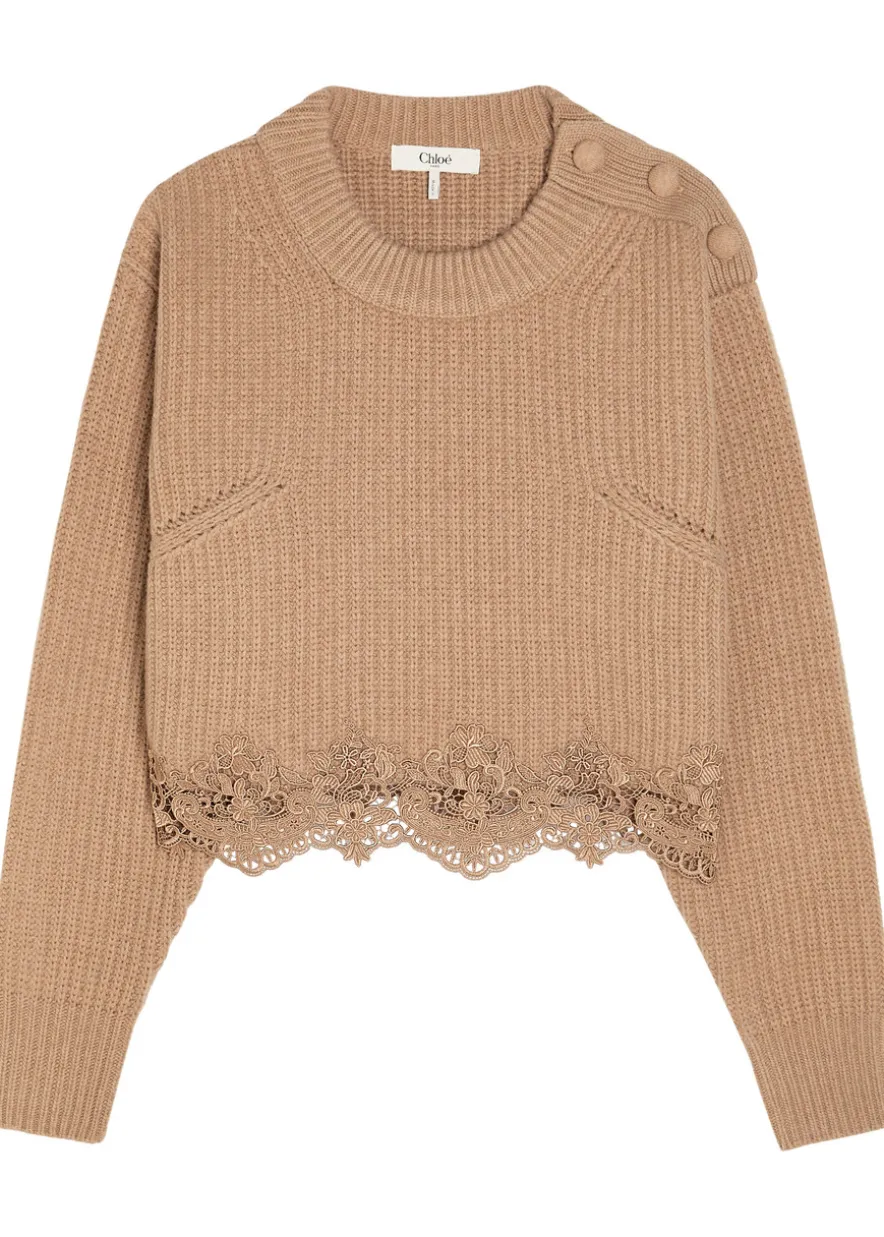 Lace-trim wool and cashmere-blend jumper