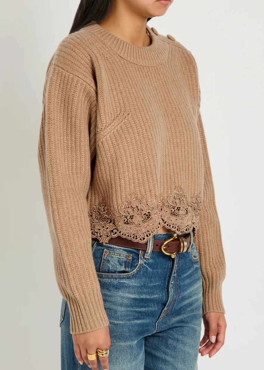 Lace-trim wool and cashmere-blend jumper