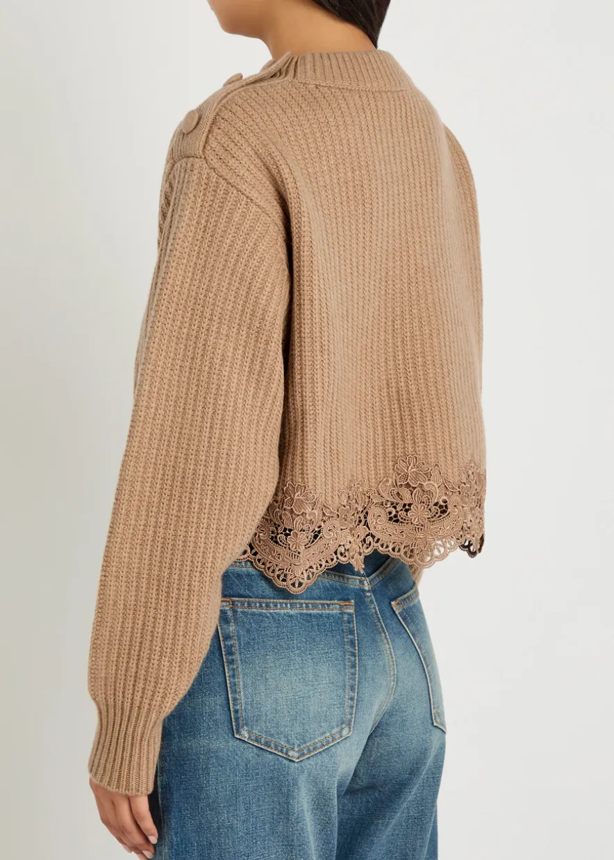 Lace-trim wool and cashmere-blend jumper