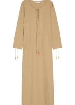 Lace-up linen-blend maxi tunic dress