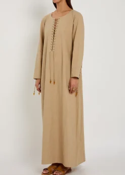 Lace-up linen-blend maxi tunic dress