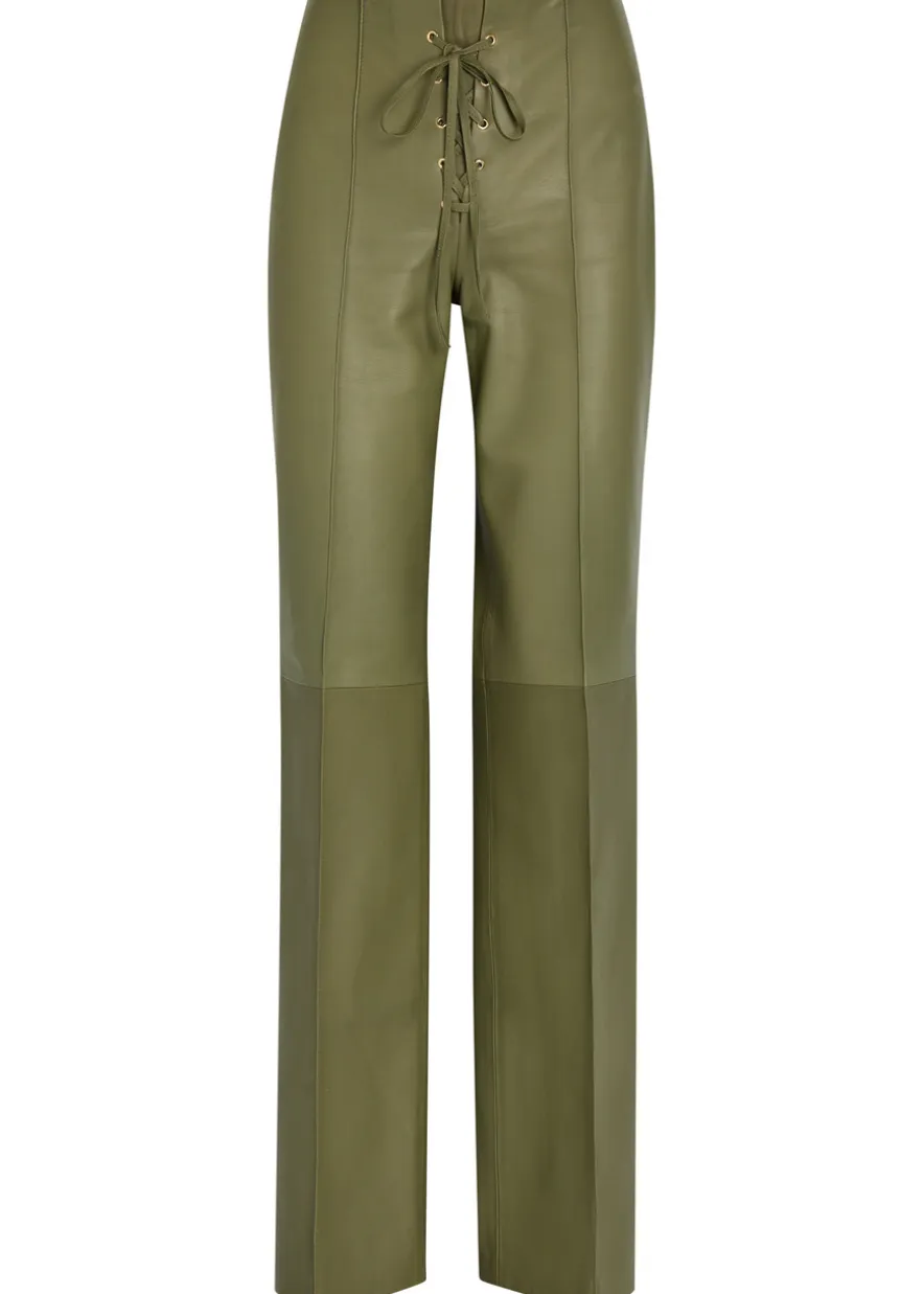 Lace-up straight-leg leather trousers