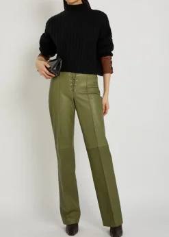Lace-up straight-leg leather trousers