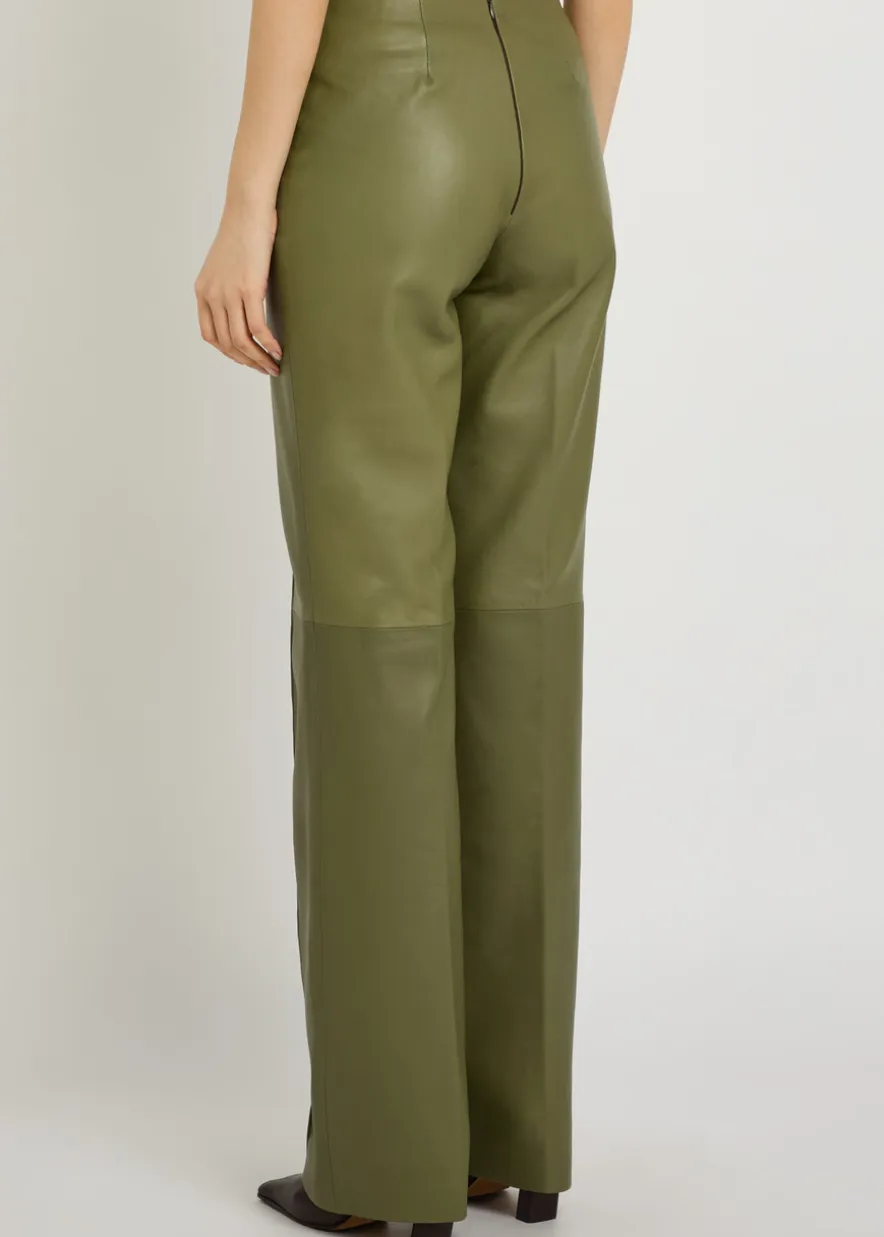 Lace-up straight-leg leather trousers