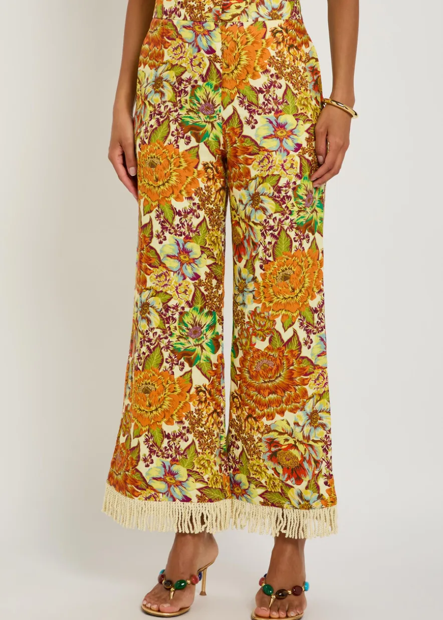 Lana floral-print fringed linen trousers