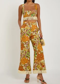 Lana floral-print fringed linen trousers