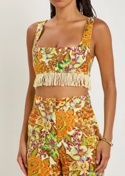 Lana floral-print fringed linen crop top