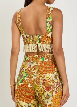 Lana floral-print fringed linen crop top