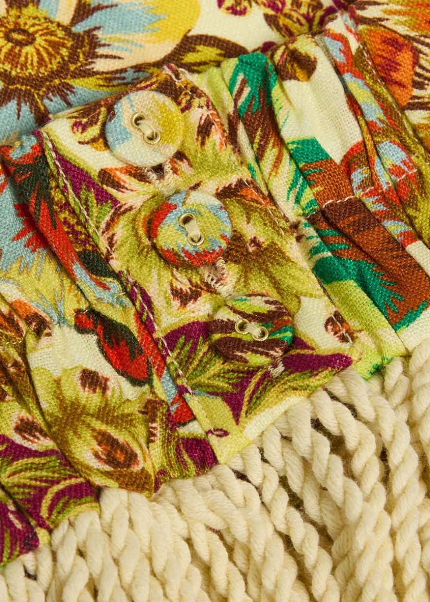 Lana floral-print fringed linen crop top