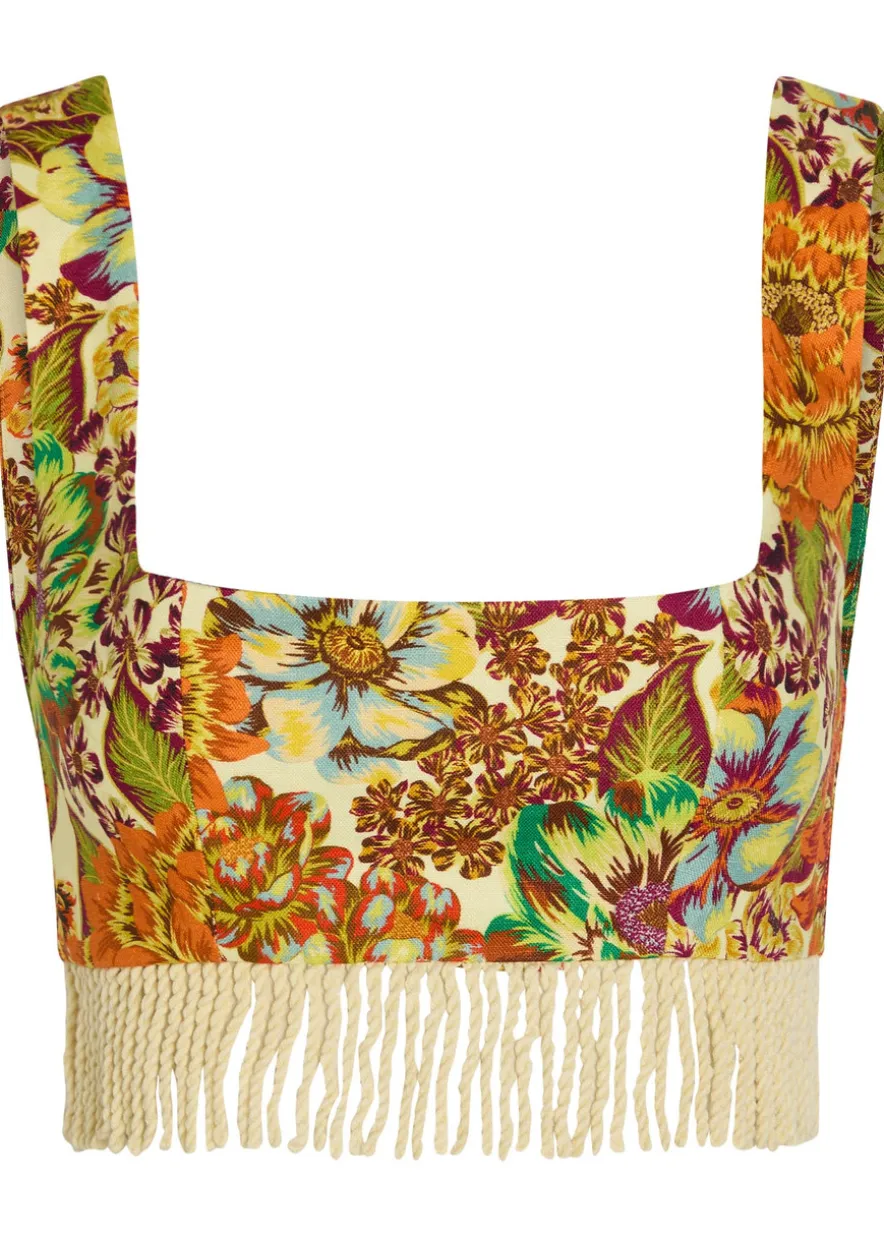 Lana floral-print fringed linen crop top