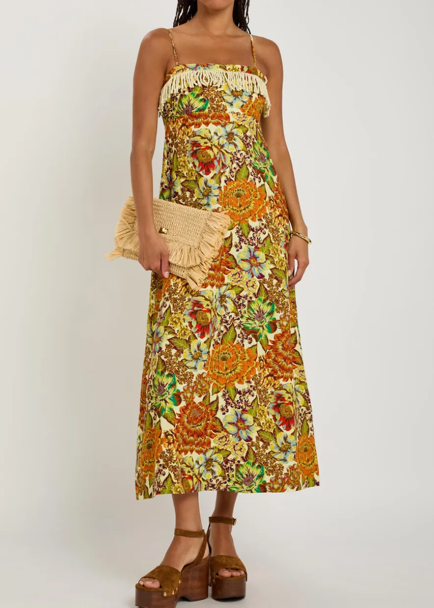 Lana floral-print fringed linen midi dress