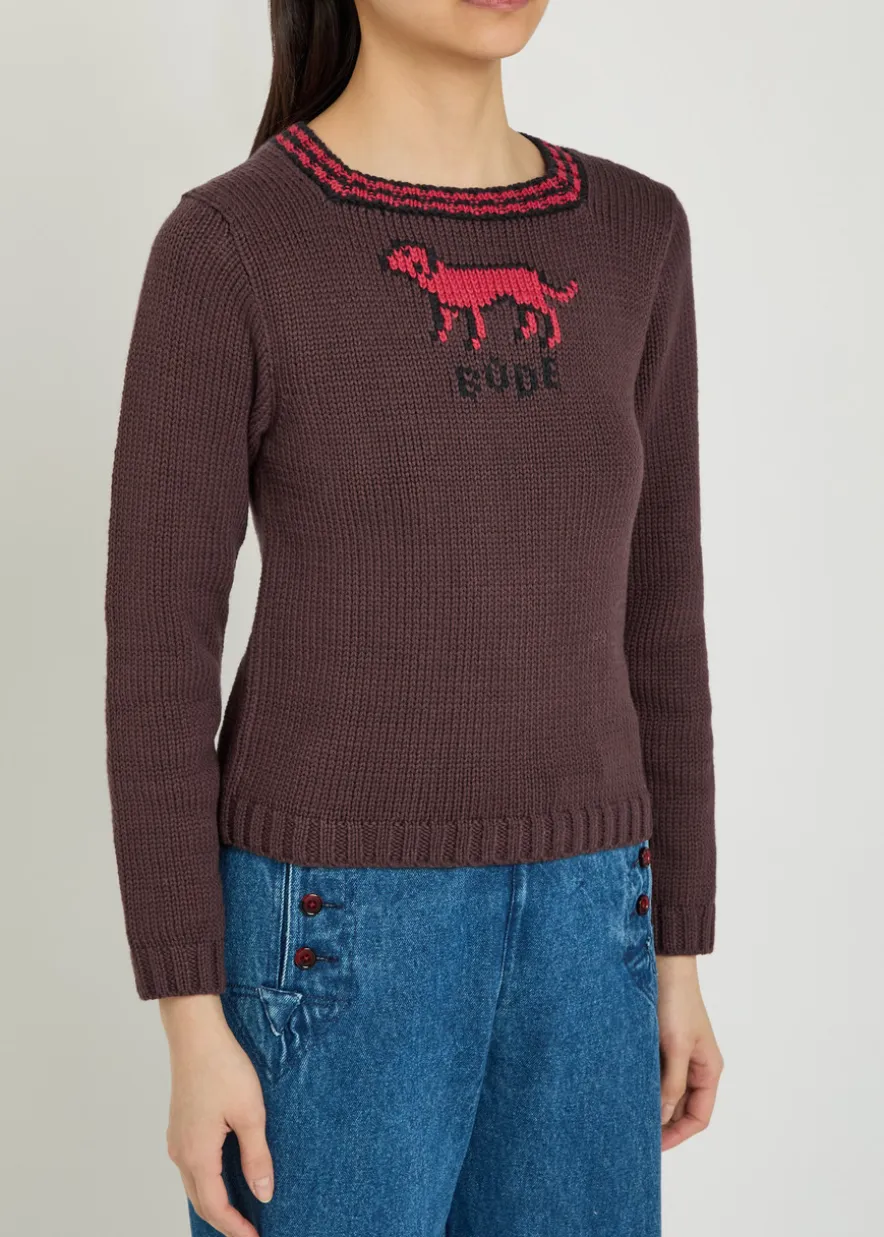 Lapdog intarsia cotton and wool-blend top