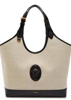 Large leather and canvas tote bag