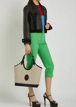 Large leather and canvas tote bag