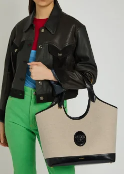 Large leather and canvas tote bag