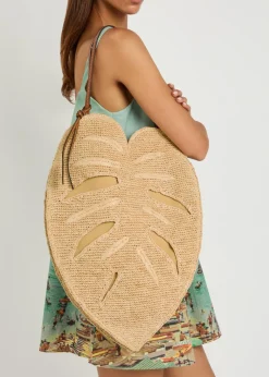 Large palm leather and raffia shoulder bag