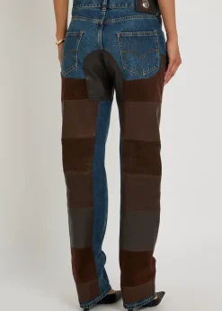 Leather and suede patchwork straight-leg jeans