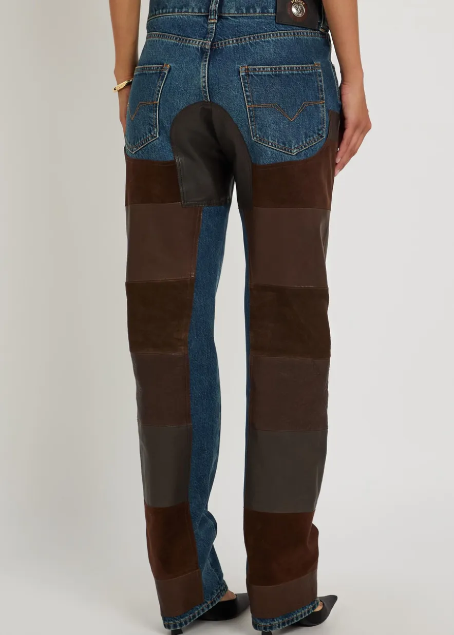 Leather and suede patchwork straight-leg jeans