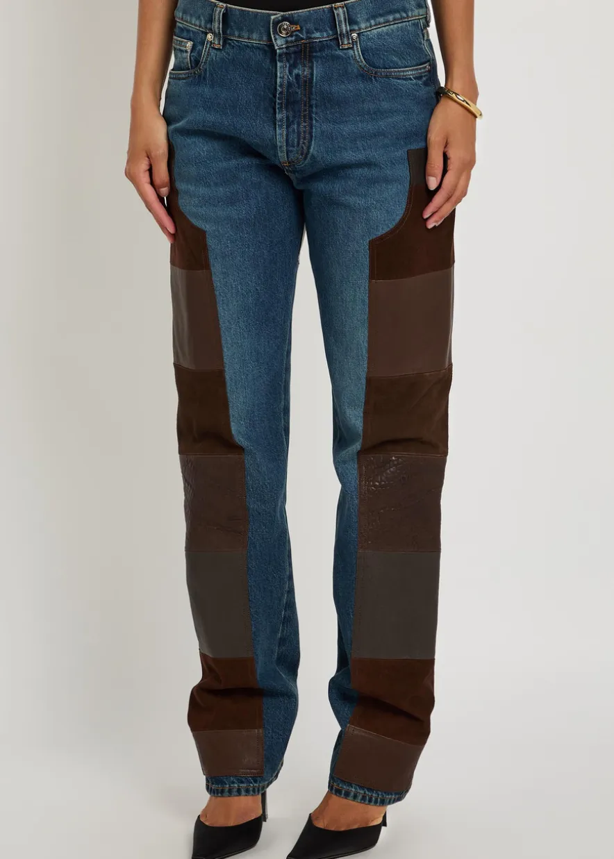 Leather and suede patchwork straight-leg jeans