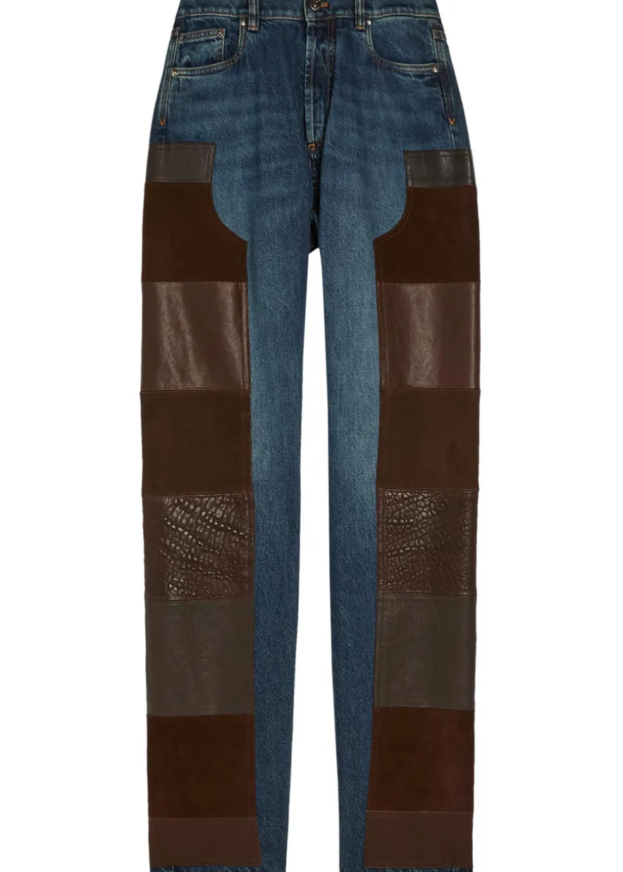 Leather and suede patchwork straight-leg jeans