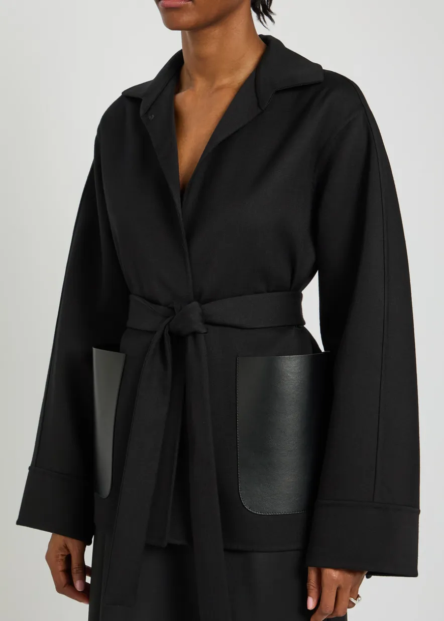 Leather and wool wrap jacket