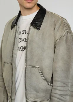 Leather-trim cotton-twill jacket