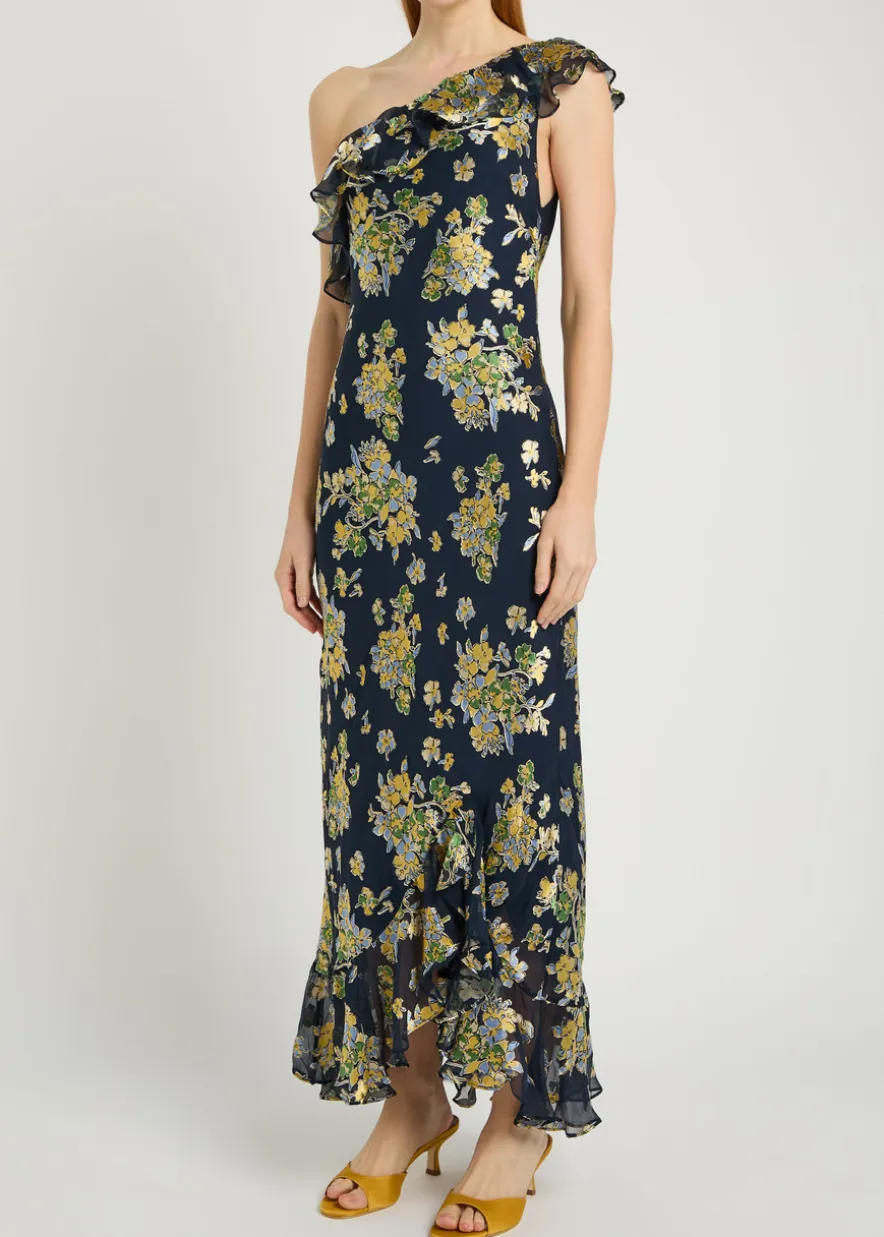 Leon floral one-shoulder chiffon midi dress