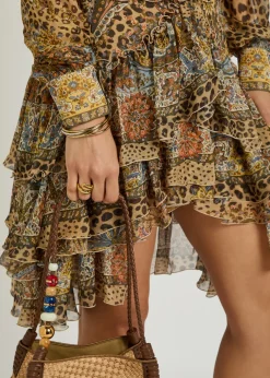Leopard-print frill silk mini skirt