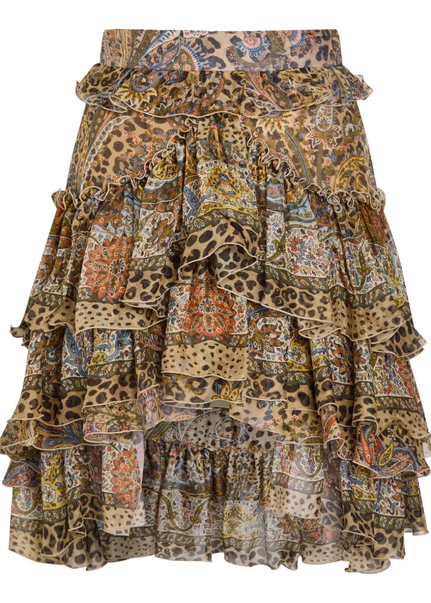 Leopard-print frill silk mini skirt