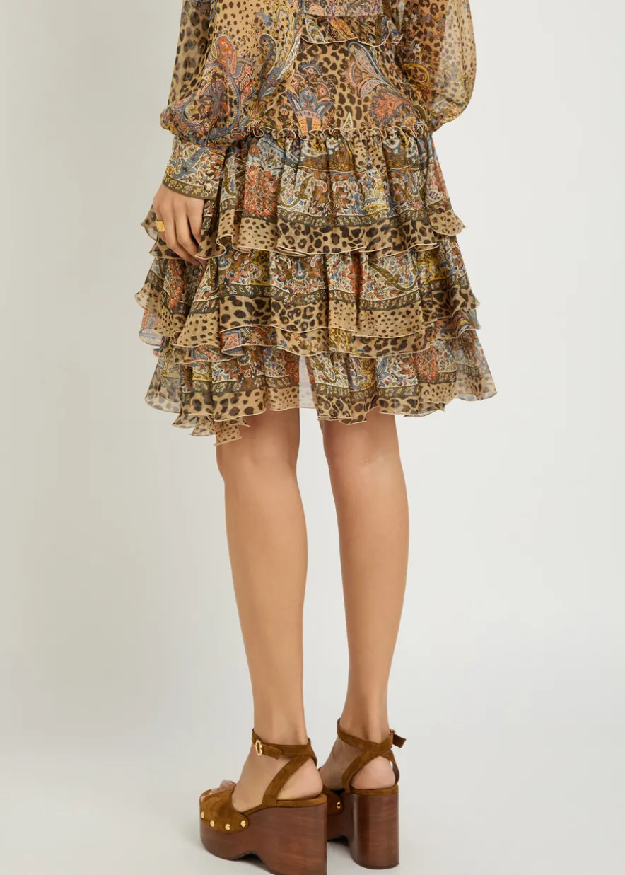 Leopard-print frill silk mini skirt