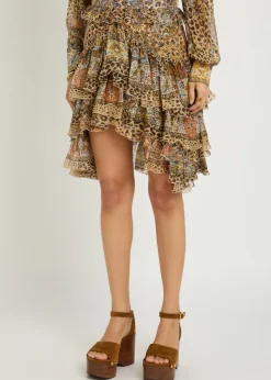 Leopard-print frill silk mini skirt