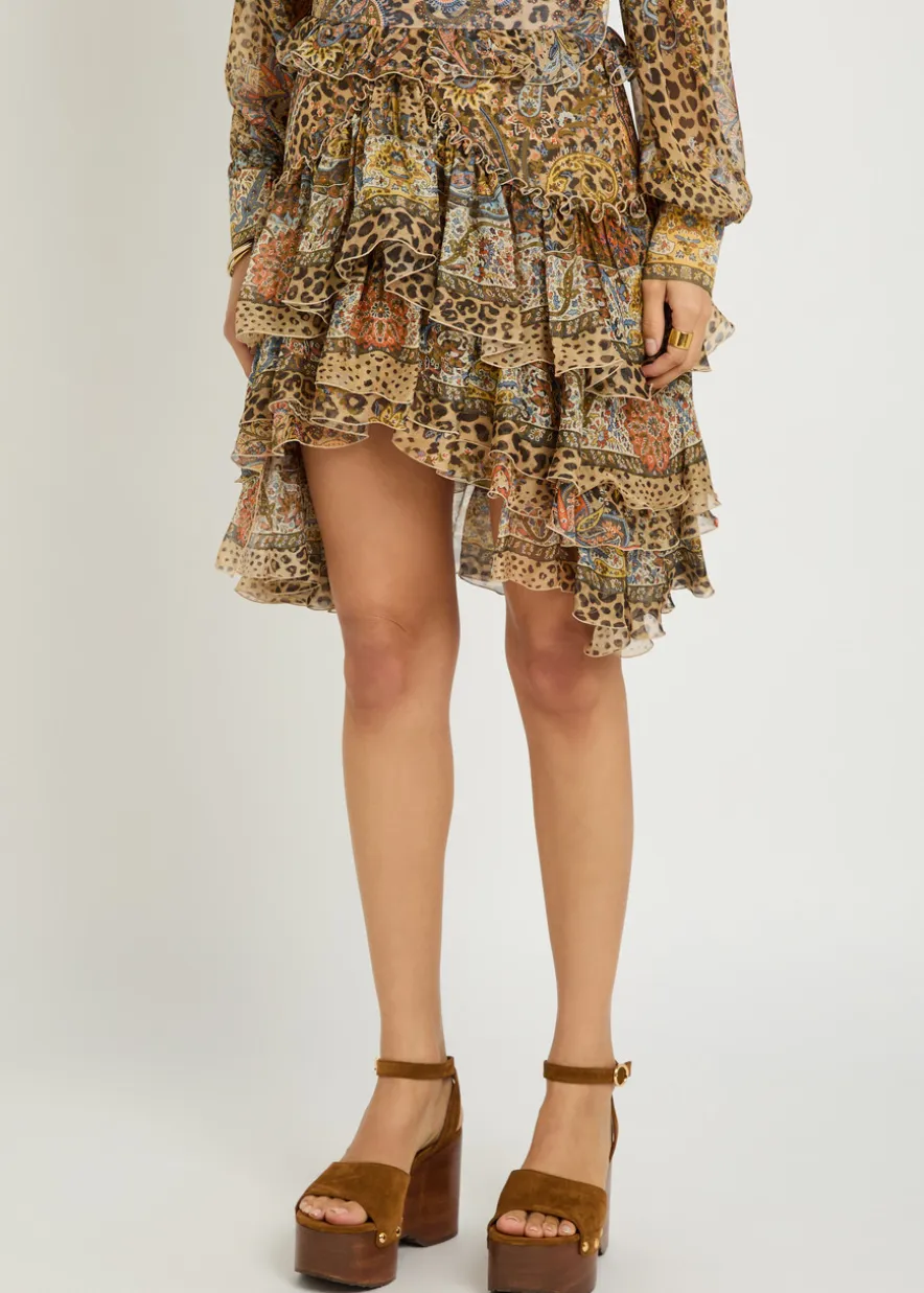Leopard-print frill silk mini skirt