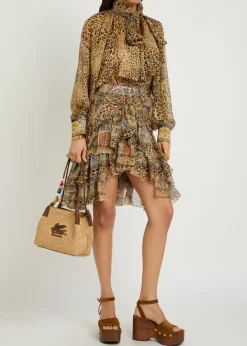 Leopard-print frill silk mini skirt