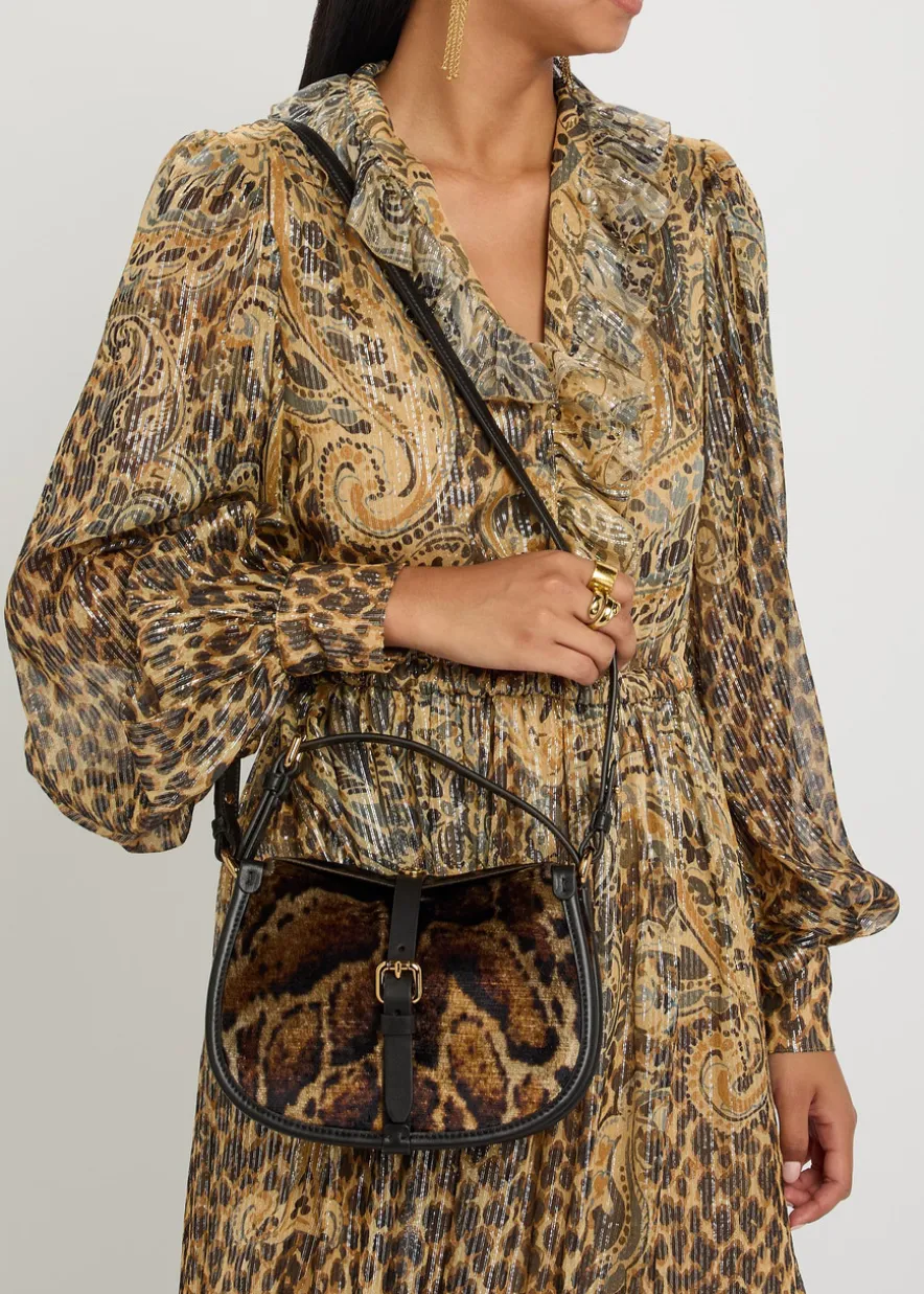 Leopard velvet and leather cross-body bag