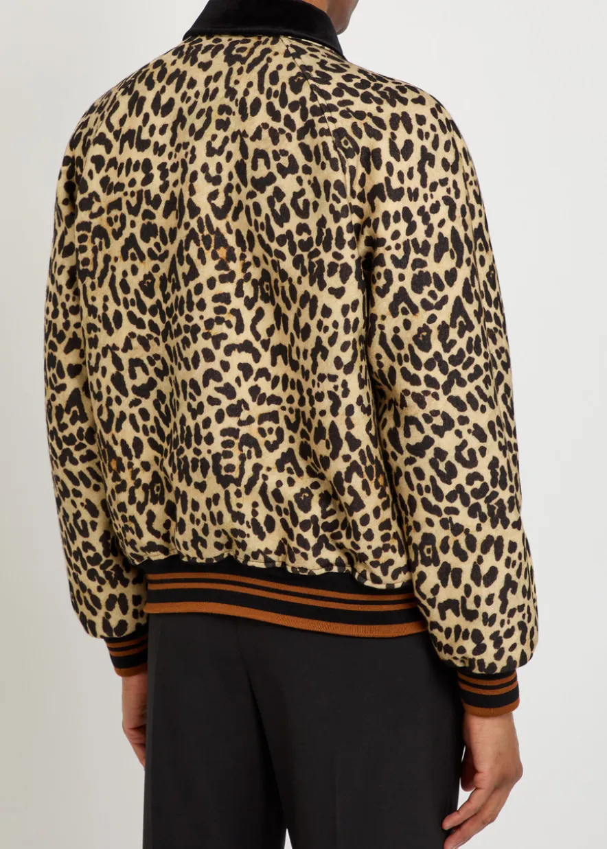 Leopard velvet-trim wool bomber jacket
