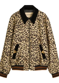 Leopard velvet-trim wool bomber jacket