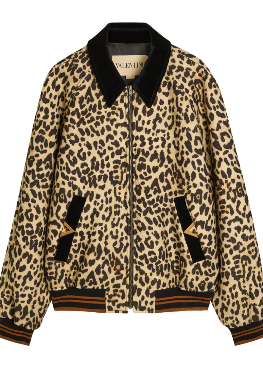Leopard velvet-trim wool bomber jacket