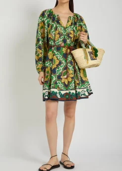 Liana belted printed ramie mini dress